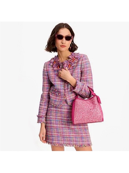 Kate Spade Knott Raffia Tweed Medium Crossbody Satchel, Wild Raspberry Pink Bag - Picture 6 of 14